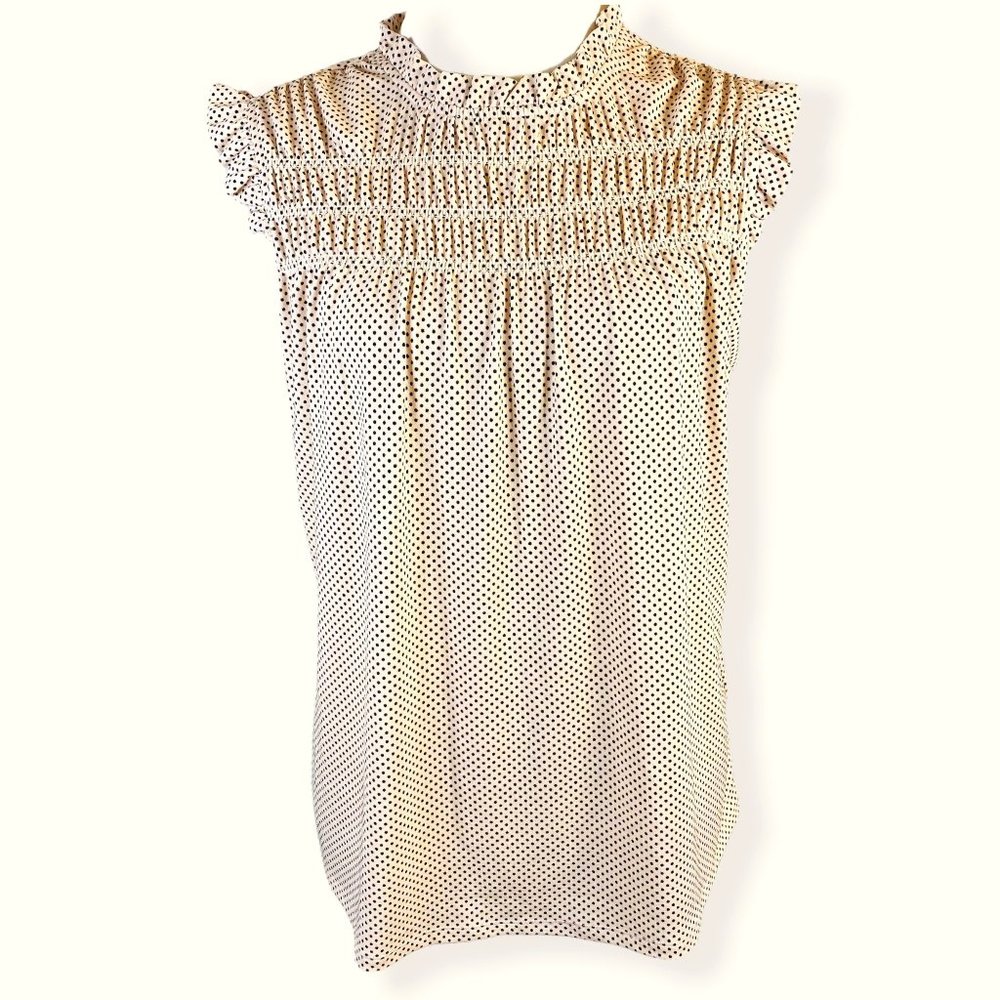 Adrianna Papell, Size Large Flutter Top Peach Pink Tiny Black Polka Dots